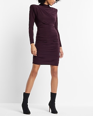 Ruched Mock Neck Strong Shoulder Back Cutout Mini Dress