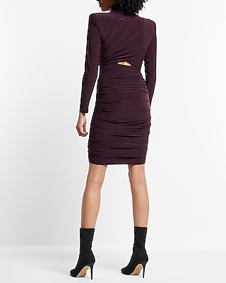 Ruched Mock Neck Strong Shoulder Back Cutout Mini Dress