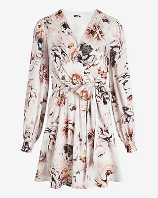 Floral Surplice Long Sleeve Tie Waist Mini Dress