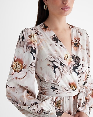 Floral Surplice Long Sleeve Tie Waist Mini Dress
