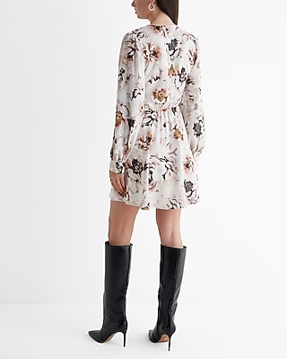 Floral Surplice Long Sleeve Tie Waist Mini Dress