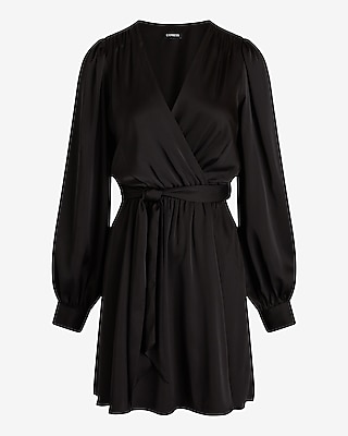 Satin Long Sleeve Tie Waist Mini Dress