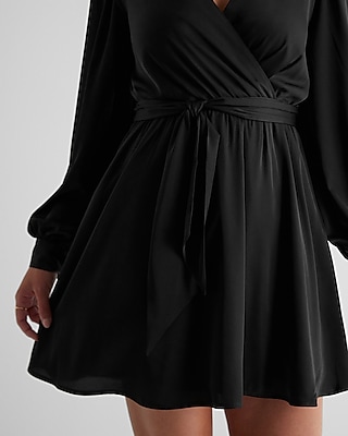 Satin Long Sleeve Tie Waist Mini Dress
