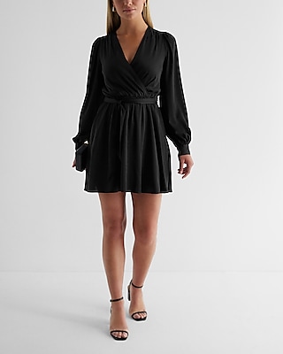 Satin Long Sleeve Tie Waist Mini Dress | Express