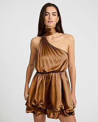 satin ruched ruffle hem mini dress Satin Asymmetrical Scarf Neck Ruffle Hem Mini Dress