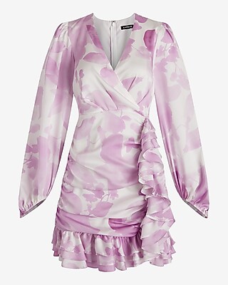 Printed Surplice Long Sleeve Ruffle Mini Dress