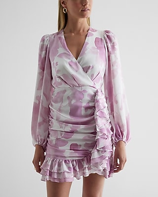 Printed Surplice Long Sleeve Ruffle Mini Dress