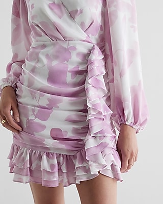 Printed Surplice Long Sleeve Ruffle Mini Dress