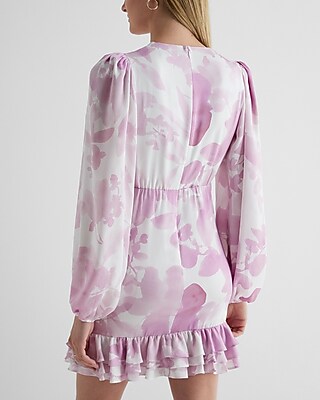 Printed Surplice Long Sleeve Ruffle Mini Dress
