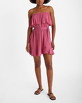 Strapless Ruffle Overlay Tie Waist Mini Dress