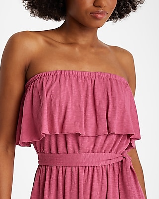 Strapless Ruffle Overlay Tie Waist Mini Dress