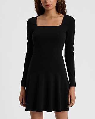 Long Sleeve Square Neck Mini Fit And Flare Dress | Express