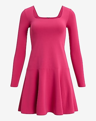 Long Sleeve Square Neck Mini Fit and Flare Dress