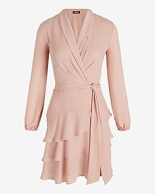 Collared Long Sleeve Tie Waist Tiered Mini Dress