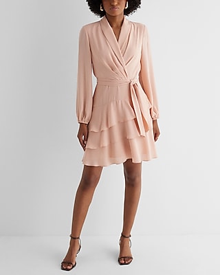 Collared Long Sleeve Tie Waist Tiered Mini Dress
