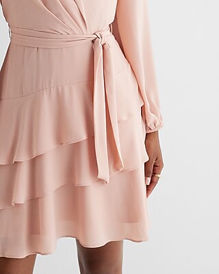 Collared Long Sleeve Tie Waist Tiered Mini Dress