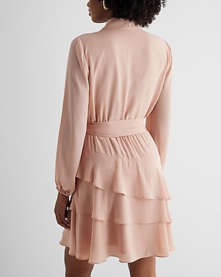 Collared Long Sleeve Tie Waist Tiered Mini Dress