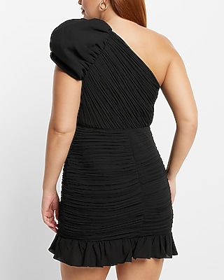 One Puff Shoulder Ruched Ruffle Mini Dress