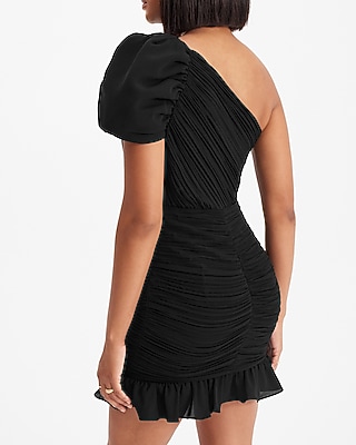 One Puff Shoulder Ruched Ruffle Mini Dress