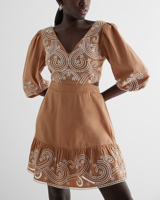 Embroidered Eyelet V-neck Tie Back Poplin Mini Dress | Express