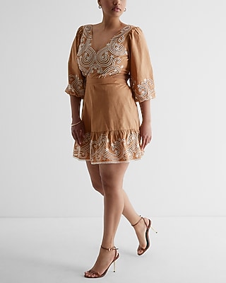 Embroidered Eyelet V-Neck Tie Back Poplin Mini Dress