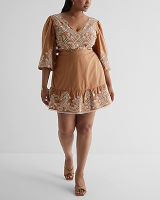 Embroidered Eyelet V-Neck Tie Back Poplin Mini Dress