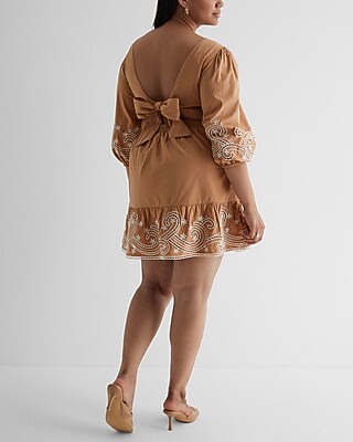 Embroidered Eyelet V-Neck Tie Back Poplin Mini Dress
