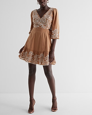 Embroidered Eyelet V-Neck Tie Back Poplin Mini Dress