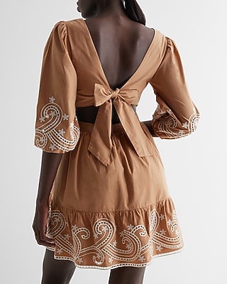 Embroidered Eyelet V-Neck Tie Back Poplin Mini Dress