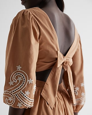 Embroidered Eyelet V-Neck Tie Back Poplin Mini Dress