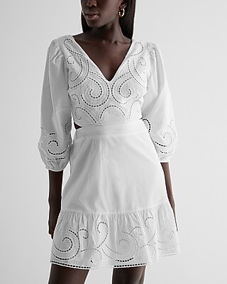 sachin and babi light blue dress Embroidered Eyelet V-neck Tie Back Poplin Mini Dress