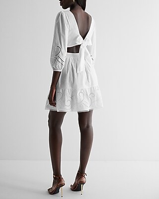 Embroidered Eyelet V-neck Tie Back Poplin Mini Dress | Express
