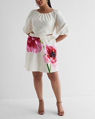 Floral Puff Sleeve Cutout Mini Dress