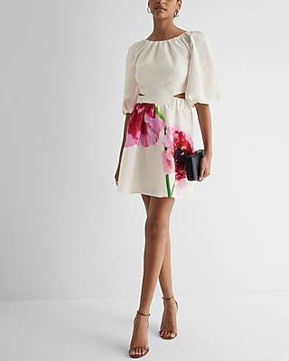 Floral Puff Sleeve Cutout Mini Dress