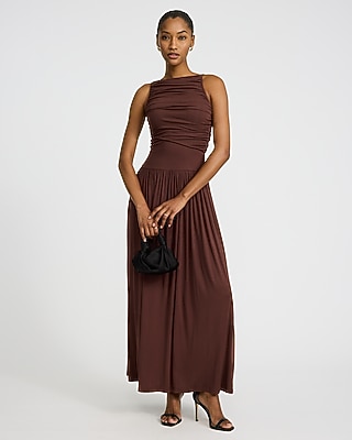 Boat Neck Sleeveless Ruched Dropped Waist Maxi Dress | Express