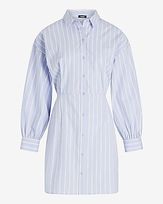 Striped Fitted Poplin Long Sleeve Mini Shirt Dress