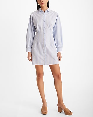 Striped Fitted Poplin Long Sleeve Mini Shirt Dress