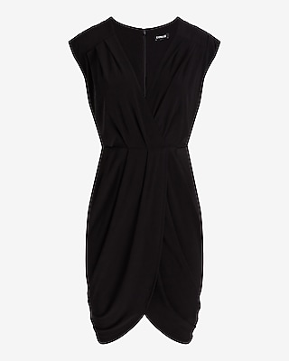 V-Neck Faux Wrap Pleated Mini Sheath Dress