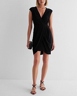 V-Neck Faux Wrap Pleated Mini Sheath Dress