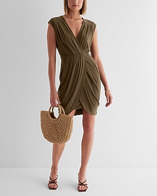 V-Neck Faux Wrap Pleated Mini Sheath Dress