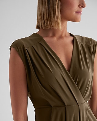 V-Neck Faux Wrap Pleated Mini Sheath Dress