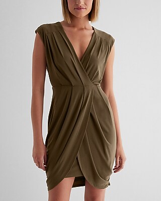 V-Neck Faux Wrap Pleated Mini Sheath Dress