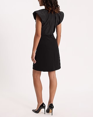 V-Neck Taffeta Sleeve Pleated Mini Sheath Dress