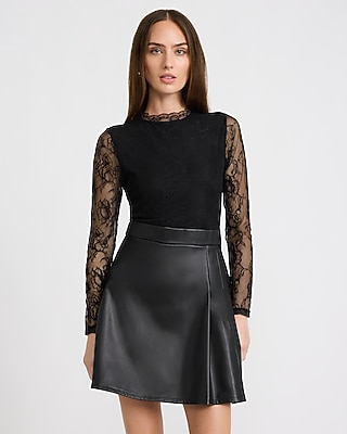 Mixed Media Crew Neck Long Sleeve Pleated Mini Dress