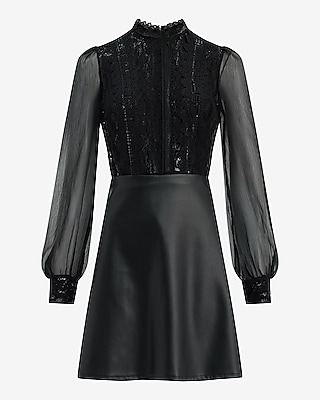 Mixed Media Mock Neck Balloon Sleeve Mini Dress