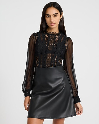 Mixed Media Mock Neck Balloon Sleeve Mini Dress