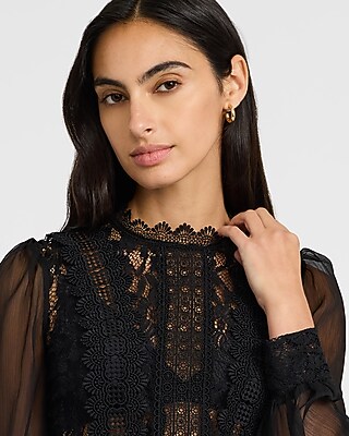 Mixed Media Mock Neck Balloon Sleeve Mini Dress