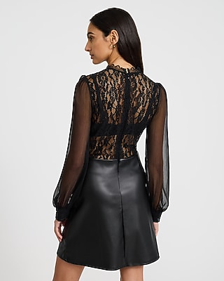 Mixed Media Mock Neck Balloon Sleeve Mini Dress