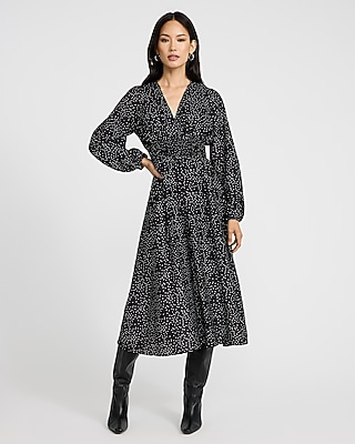 Polka Dot V-neck Smocked Waist Long Sleeve Midi Dress Express