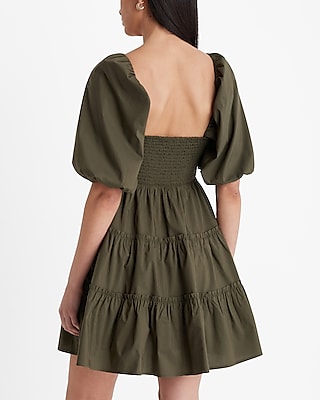 V-Neck Puff Sleeve Cutout Tiered Mini Dress